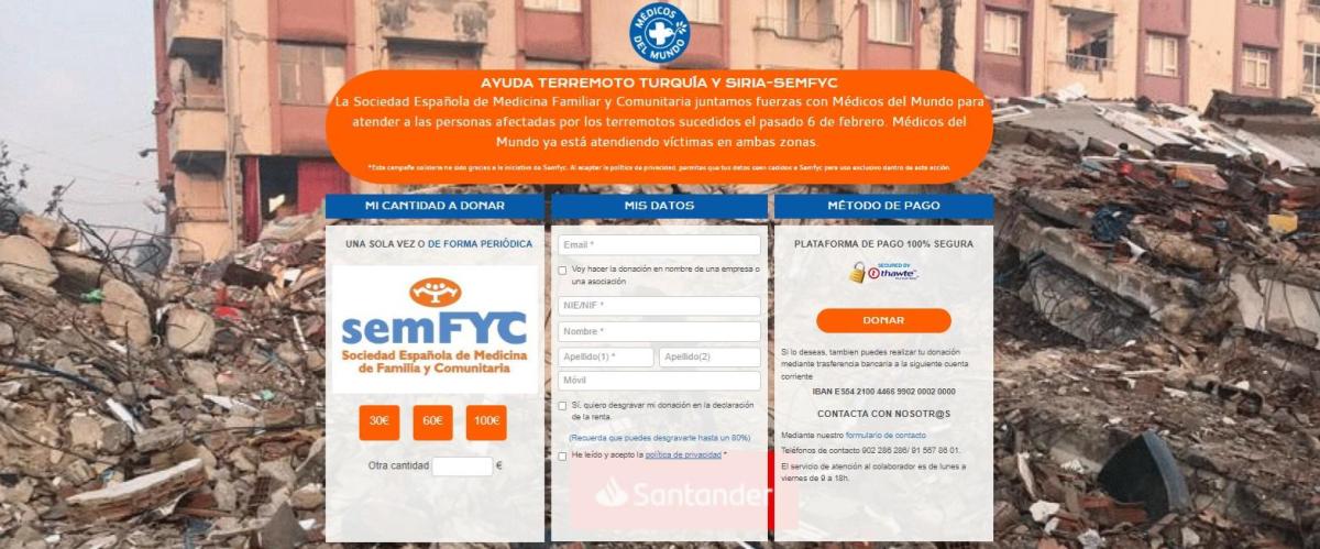 La semFYC y Médicos del Mundo unen fuerzas y activan una campaña de donaciones en favor de Turquía y Siria